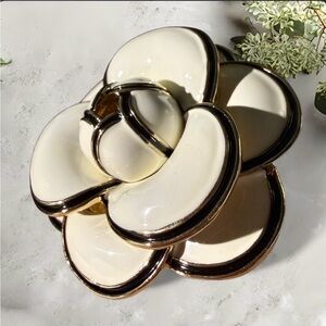 Cream Camellia enamel Flower Pin with Gold Trim and Black Accents